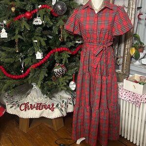 Tartan Plaid Holiday Maxi Dress with Puff Sleeves